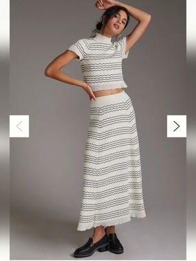 Anthropologie Maeve Cream Maxi Skirt & Top with Black Wavy Stripe